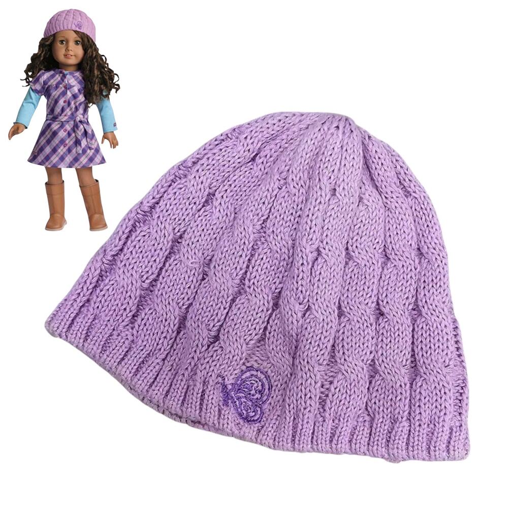 American Girl Knit Hat Pretty & Plaid Doll Beret Cap Butterfly Embroidery Purple